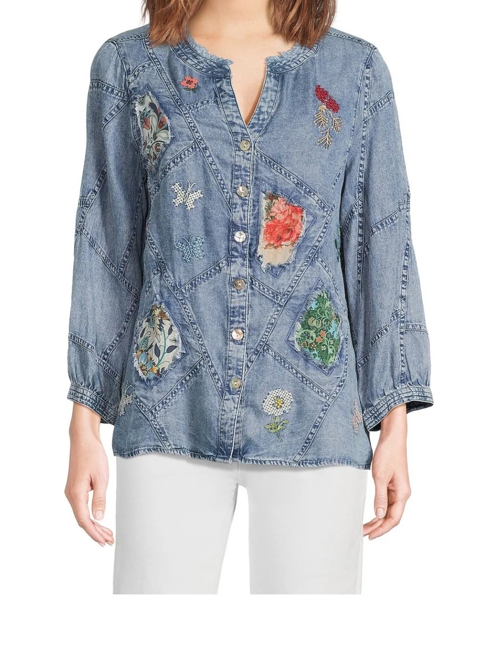 John Mark Embroidered Patchwork Denim Button-Front Top - Blue Small